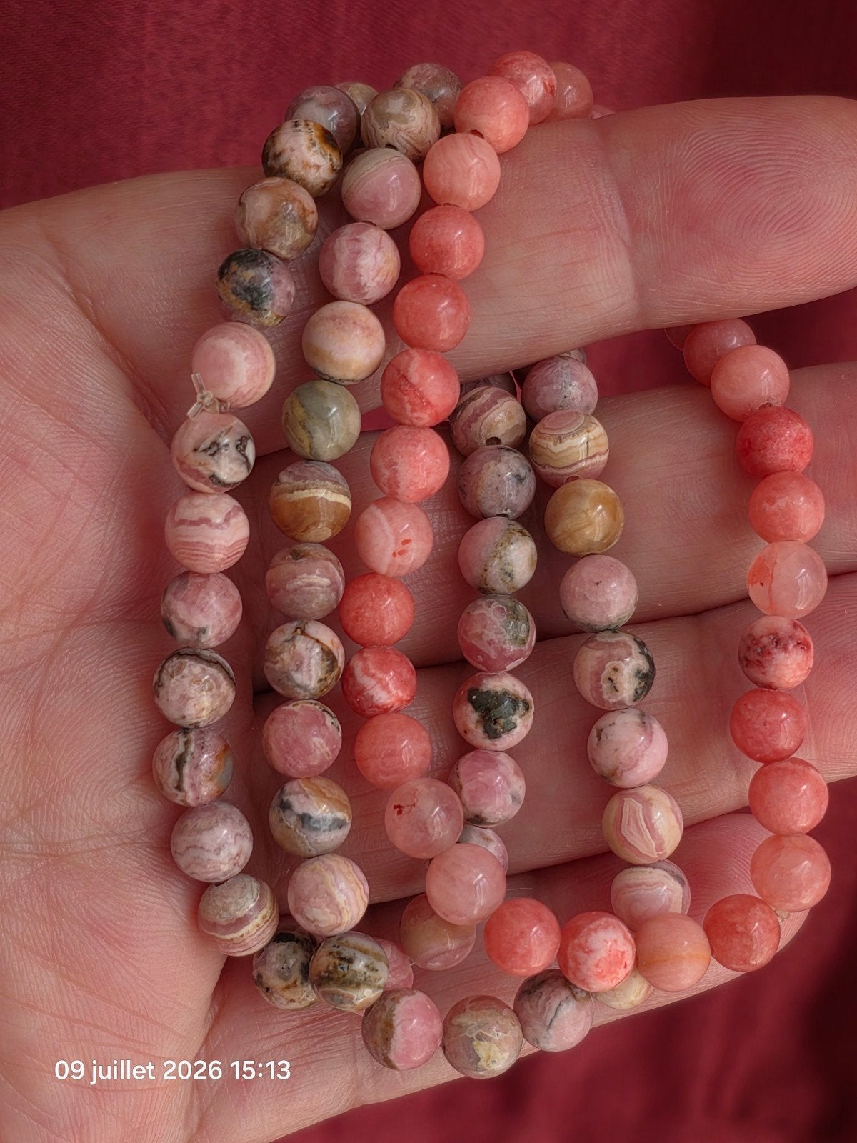 Elastische armband met rhodochrosietkralen, Handtassen en Accessoires, Armbanden, Ophalen, Nieuw, Elastiek, Roze