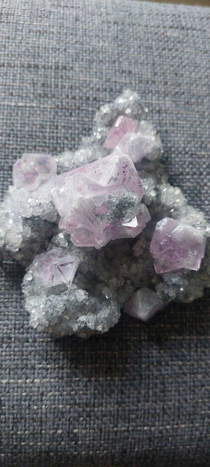 Prachtige Paarse Fluoriet Cluster op Druzy Kwarts (Navidad M, Verzamelen, Ophalen of Verzenden, Mineraal