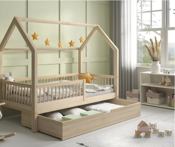 Lit cabane enfant en bois de pin – avec tiroir, Enfants & Bébés, Chambre d'enfant | Lits, 70 à 85 cm, Comme neuf, Sommier à lattes