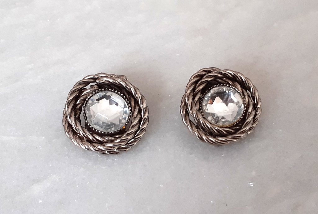 oorbellen clipons zilver touw patroon met strass vintage, Handtassen en Accessoires, Oorbellen, Nieuw, Ophalen of Verzenden, Knopjes of Stekers