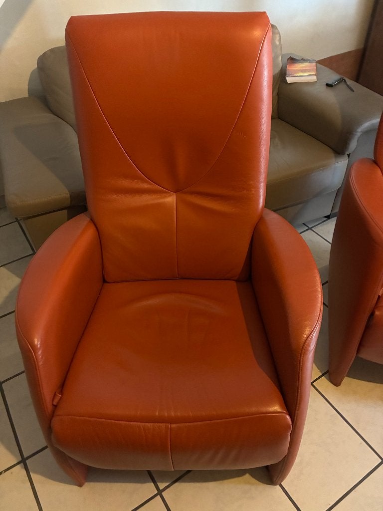 2 Vintage lederen fauteuils in cognac/terracotta kleur –, Huis en Inrichting, Ophalen, Gebruikt, Leer, Vintage