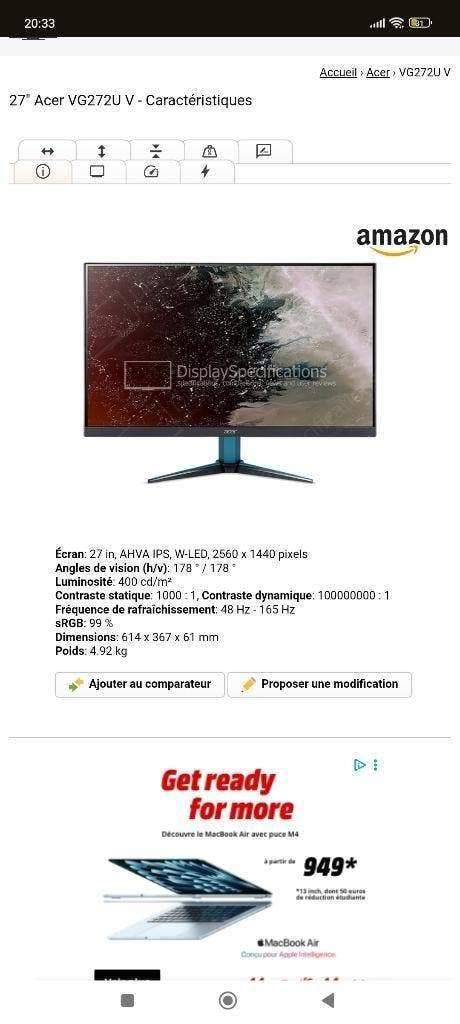 Écran Acer Gaming 2k/165hz, Computers en Software, Monitoren, Minder dan 1 ms, Zo goed als nieuw, HDMI, Ingebouwde speakers