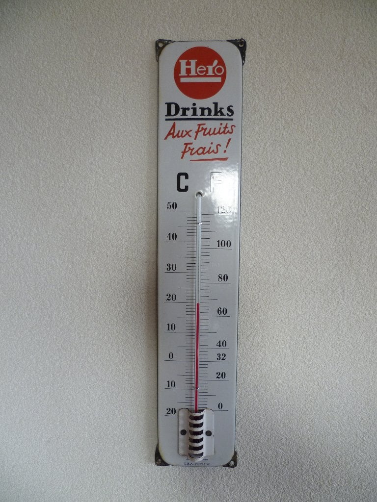 EMAILLE RECLAME THERMOMETER"HERO DRINKS FRUITS FRAIS"1957, Ophalen of Verzenden, Gebruikt, Reclamebord