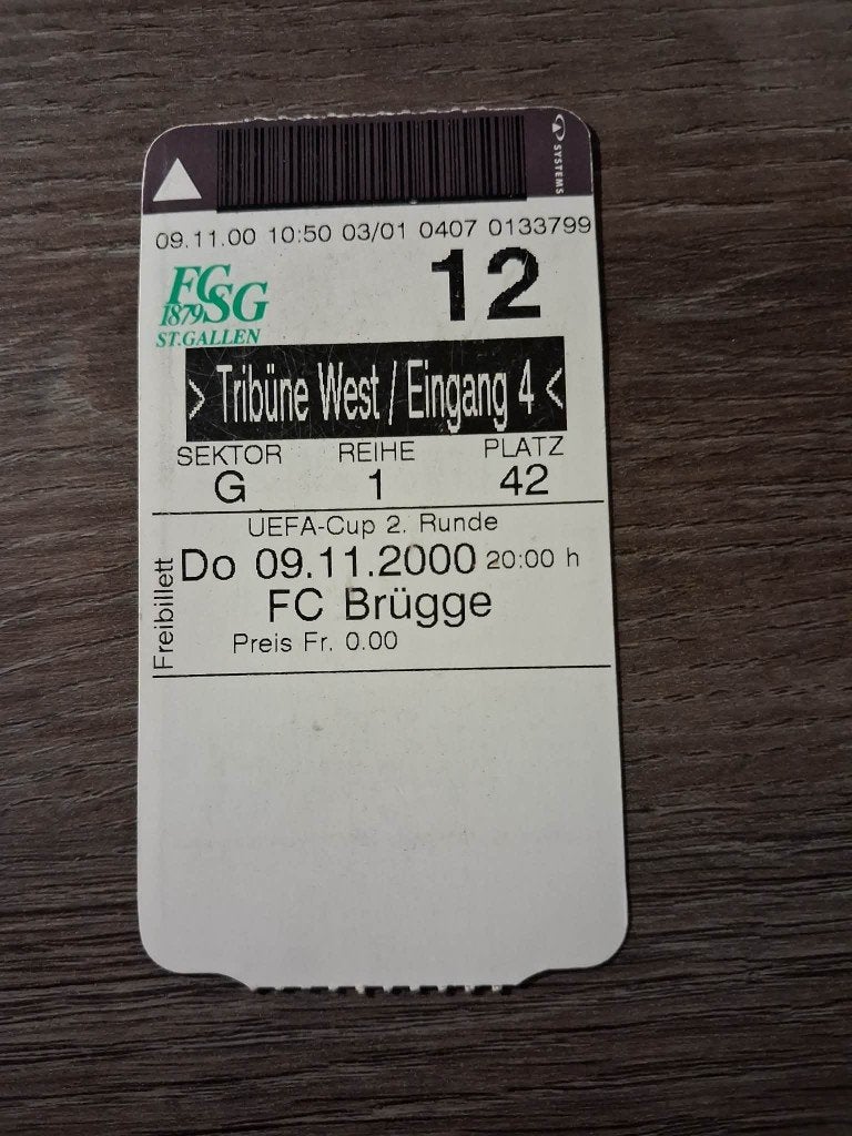 FC St. Gallen 1879 - Club Brugge, 9/11/2000, Tickets & Billets, Sport | Football