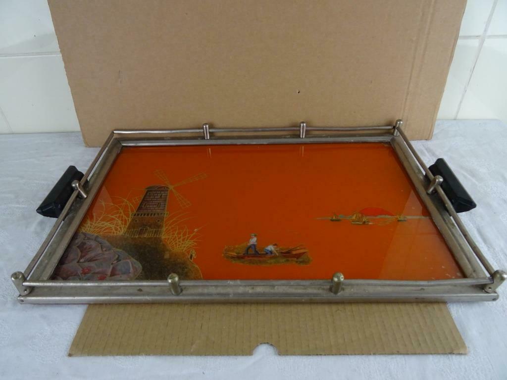 Antiek dienblad met afbeelding geschilderd achter glas 1950, Ophalen of Verzenden, Gebruikt, Rechthoekig, Overige materialen