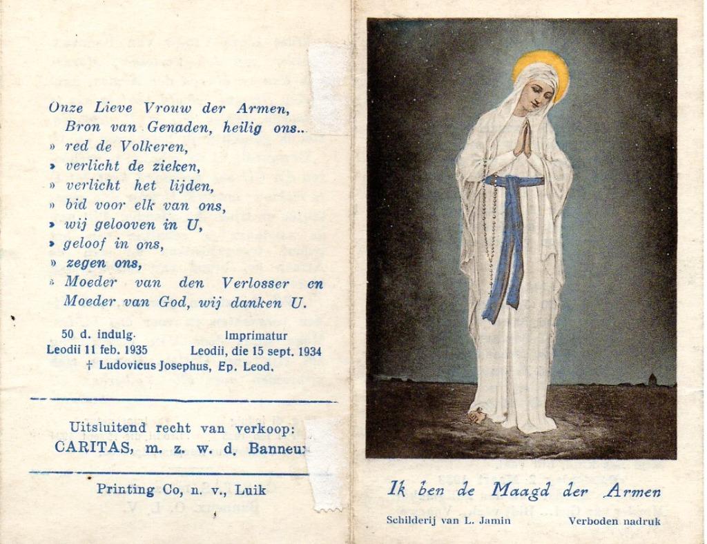 devotieprentje Maagd der Armen - Banneux - L. Jammin, Ophalen of Verzenden, Kaart of Prent, Christendom | Katholiek