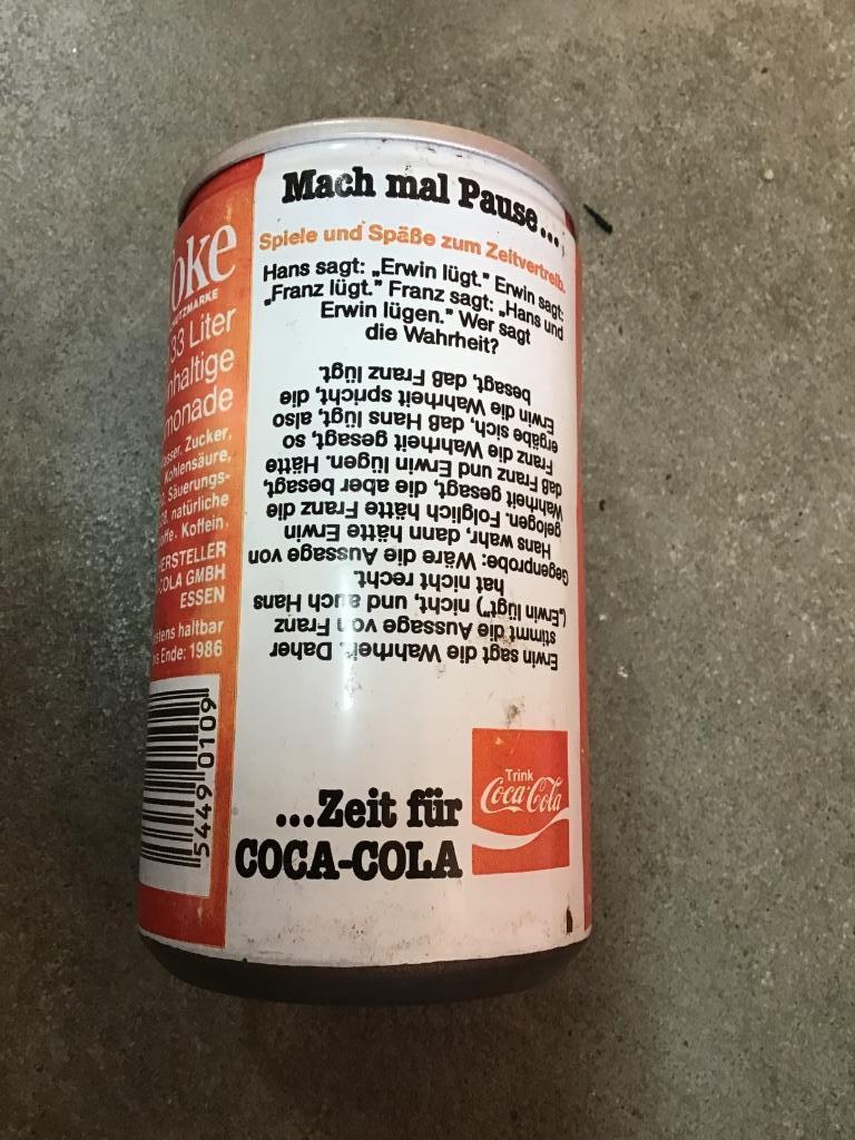 Coca-Cola blikje Duits met raadsel jaren 80, Envoi, Utilisé, Emballage