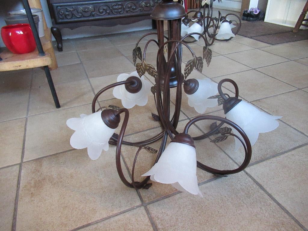 Ancien lustre en métal & verres ht 45 Ø 52 cm très bon état, Enlèvement, Comme neuf, Verre