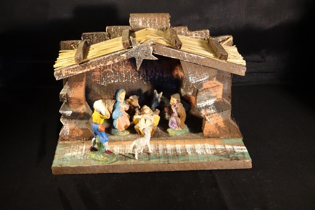 vintage klein houten kerststalletje met vaste figuren, Enlèvement ou Envoi, Utilisé