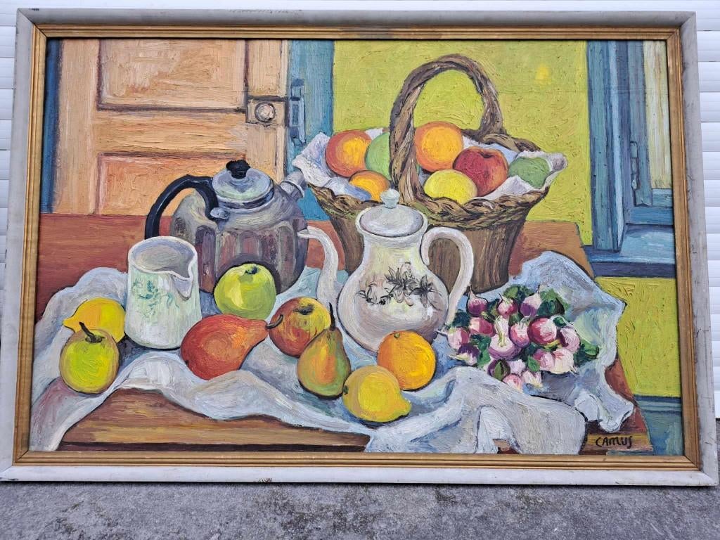 huile sur panneau nature morte signe gustave camus, Antiquités & Art, Enlèvement ou Envoi