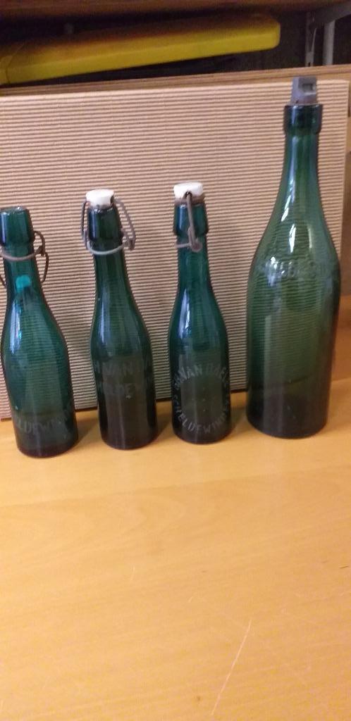 4 oude bierflessen, Scheldewindeke, 3 met porceleinen dop., Verzamelen, Ophalen of Verzenden, Gebruikt