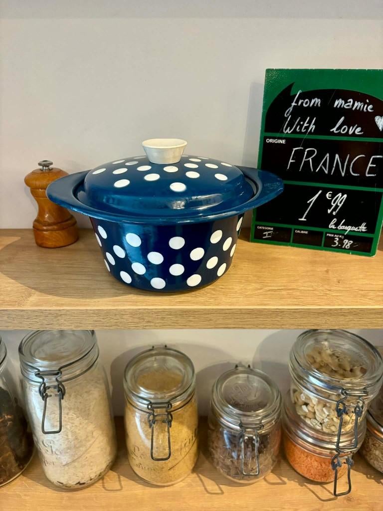 cocotte casserole émaillée bleu pois blanc, Enlèvement ou Envoi, Utilisé, Aluminium, Casserole ou Cocotte-minute
