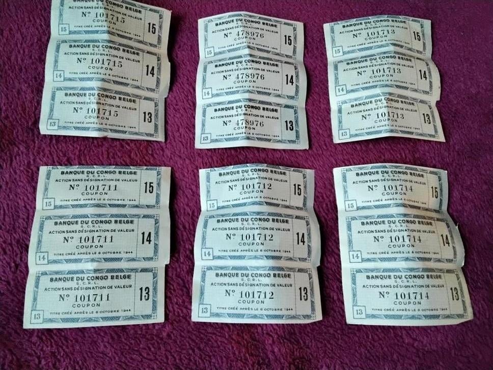 6 x 3 coupons 13 t/m 15 van de Belgian Bank of Congo, Ophalen of Verzenden, 1950 tot 1970, Overige typen