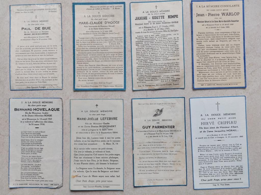 8 doodsprentjes kindjes (Mouscron) - blauwe rand, Verzenden