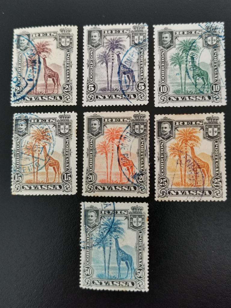 Portugese kolonie Nyassa 1901 - wilde dieren, giraf,palmboom, Ophalen of Verzenden, Overige landen, Gestempeld