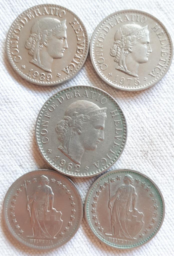 5x Zwitserland: 2x 1/2 FR.+20 cent + 2x10 CENT  XF/ UNC, Postzegels en Munten, Verzenden, België, Setje