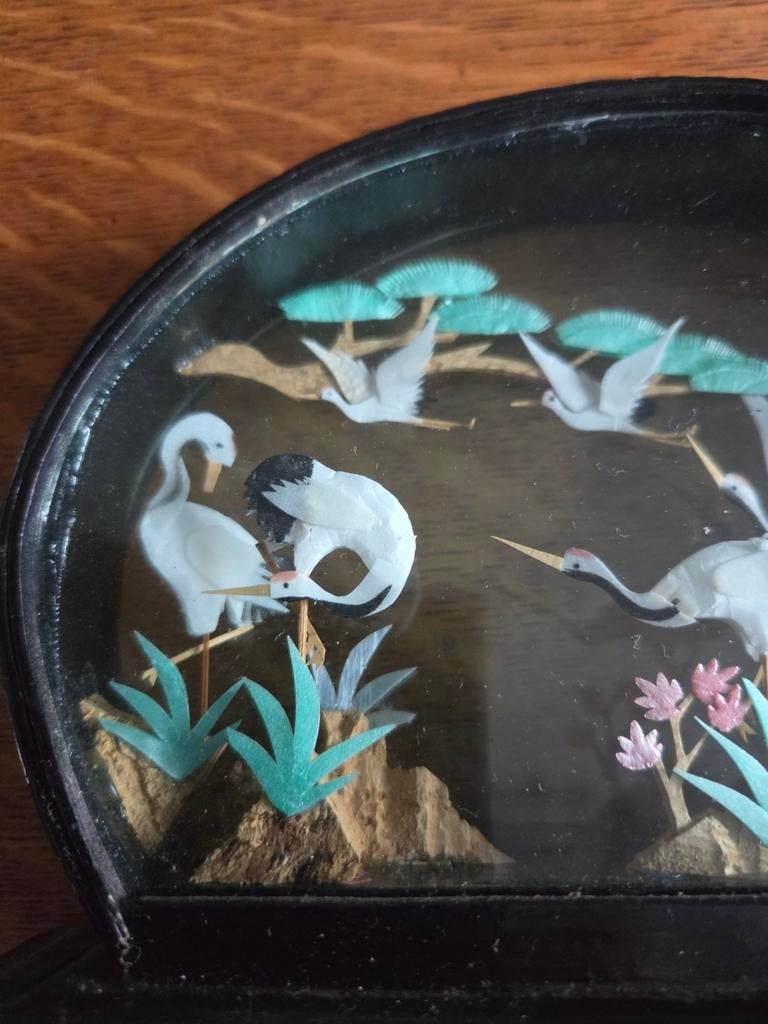Prachtig oud frame met diorama met 6 gelukskranen, Antiek en Kunst, Ophalen of Verzenden