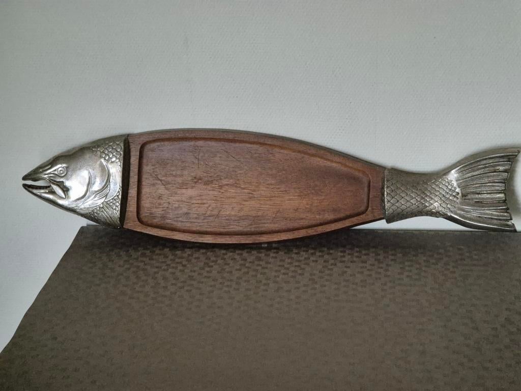Vintage houten en metalen vis serveer schottel ( plateau), Ophalen of Verzenden