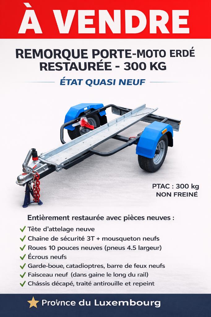 Remorque porte moto erde refait à neuf., Autos : Divers, Enlèvement, Comme neuf