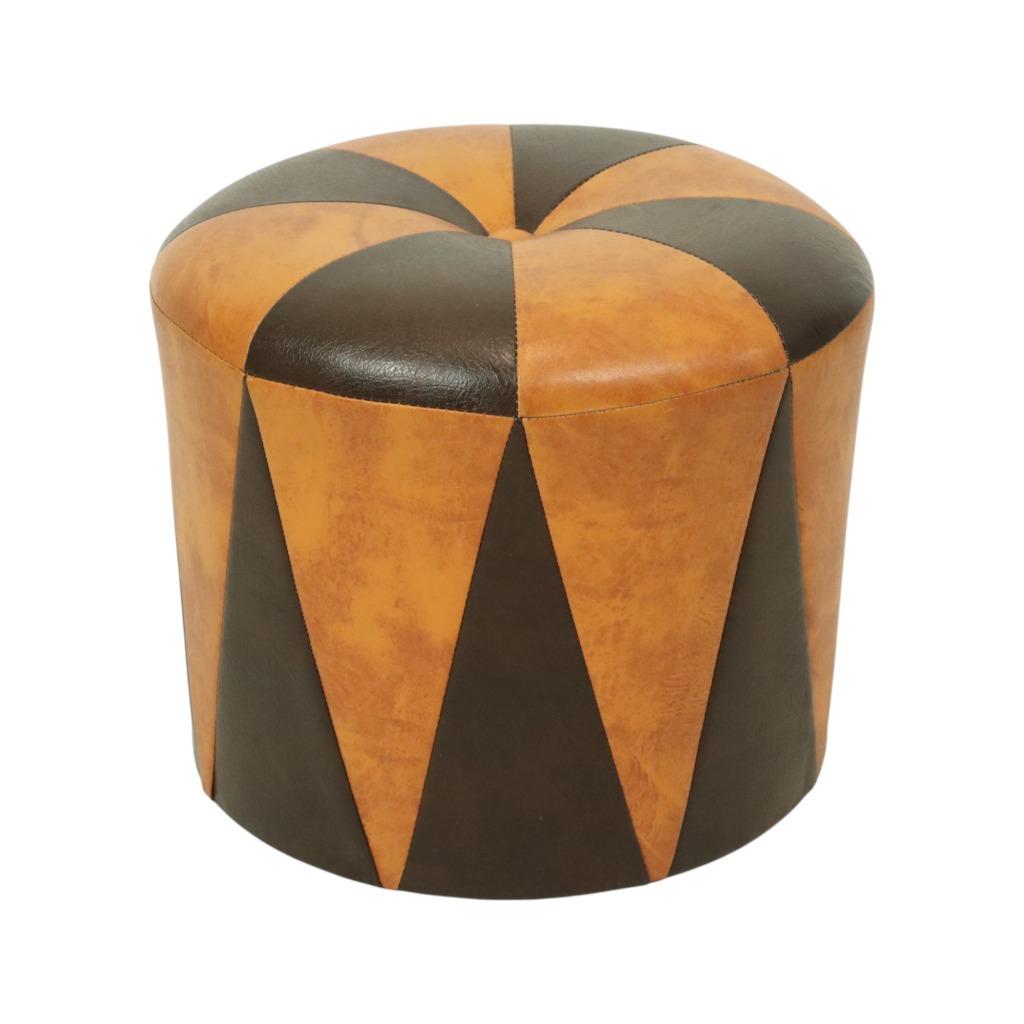 Ronde Vintage Poef Bruin Camel Tweekleurig Skai Sixties, Huis en Inrichting, Minder dan 50 cm, Gebruikt, Rond, Minder dan 50 cm
