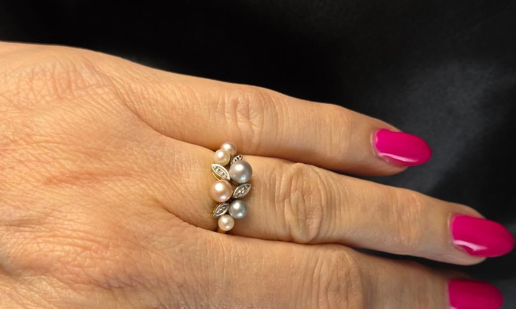 Bague en or avec perles et diamants. 2026/115., Bijoux, Sacs & Beauté, Bijoux anciens, Enlèvement ou Envoi, Or, Bague, Avec pierre précieuse