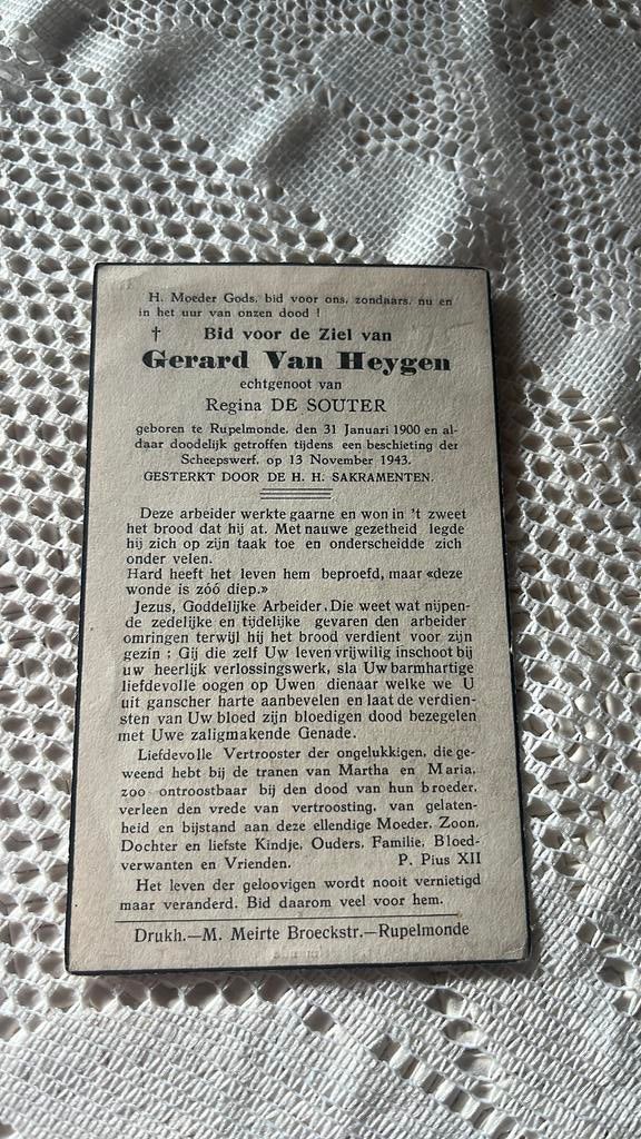 Bp Gerard Van Heygen gb rupelmonde overleden beschieting 43, Verzenden, Bidprentje