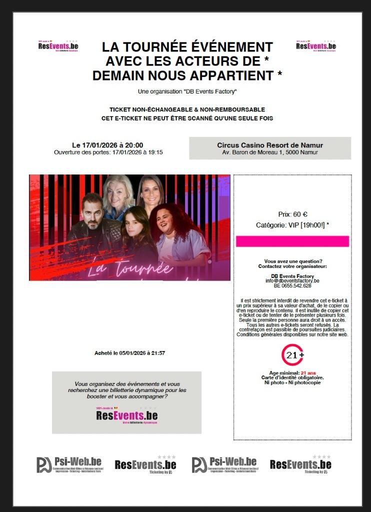 TOURNÉE ÉVÉNEMENT AVEC LES ACTEURS DE DEMAIN NOUS APPARTIENT, Tickets en Kaartjes, Overige Tickets en Kaartjes, Twee personen