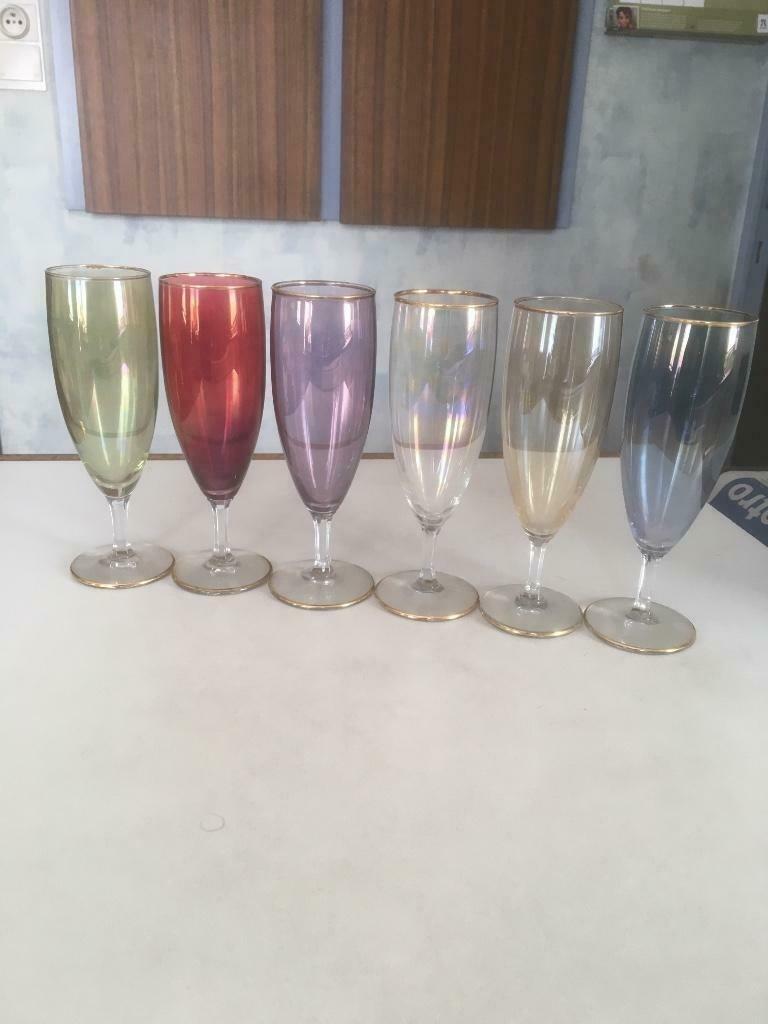 vintage 6glazen diverse kleuren met gouden randjes, Enlèvement, Utilisé, Autres types