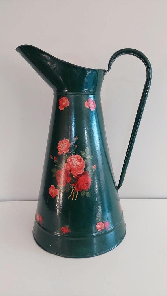 Prachtige groene emaille waterkan met rozen - zeldzaam +100j, Antiek en Kunst, Ophalen of Verzenden