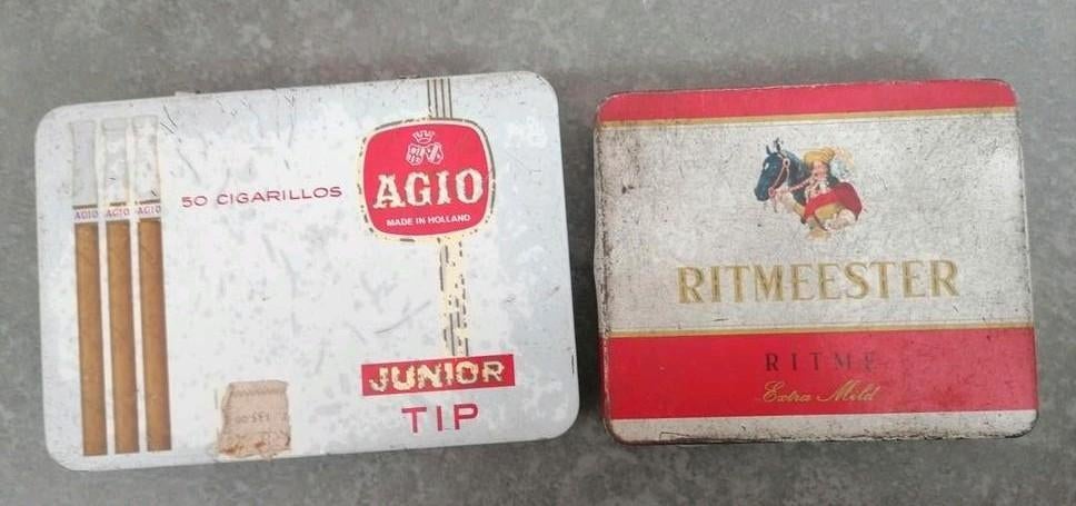 2oude blikken dozen Ritmeester & Agio cigarillos, Verzamelen, Ophalen, Gebruikt, Overige