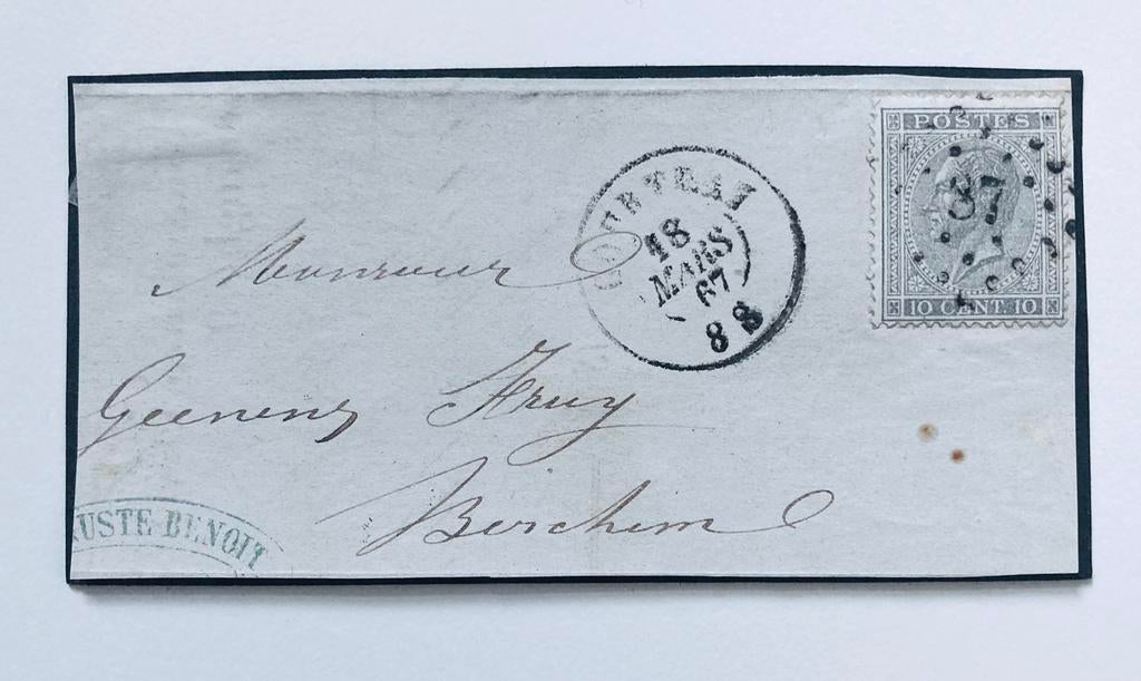 afstempeling 1867 Kortrijk, Postzegels en Munten, Ophalen of Verzenden, Envelop