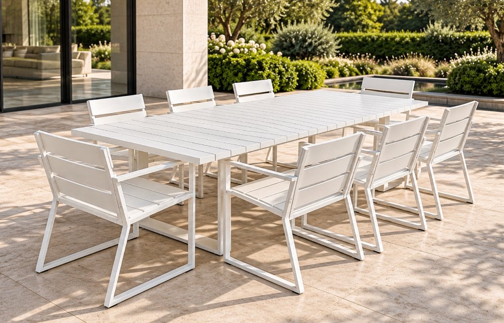 Ensemble design Borek Samos - table 305 cm + 8 chaises, Table à dinner, Salons de jardin, Aluminium, 8 places