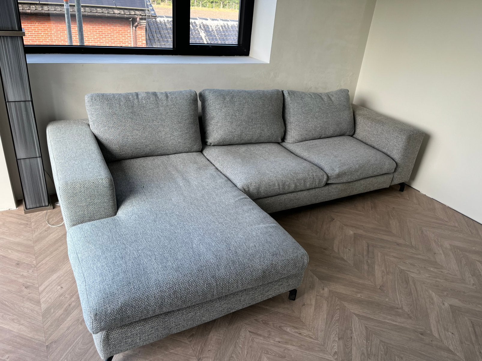 Grijze zetel hoekbank met chaise longue links, Ophalen, Gebruikt, Stof