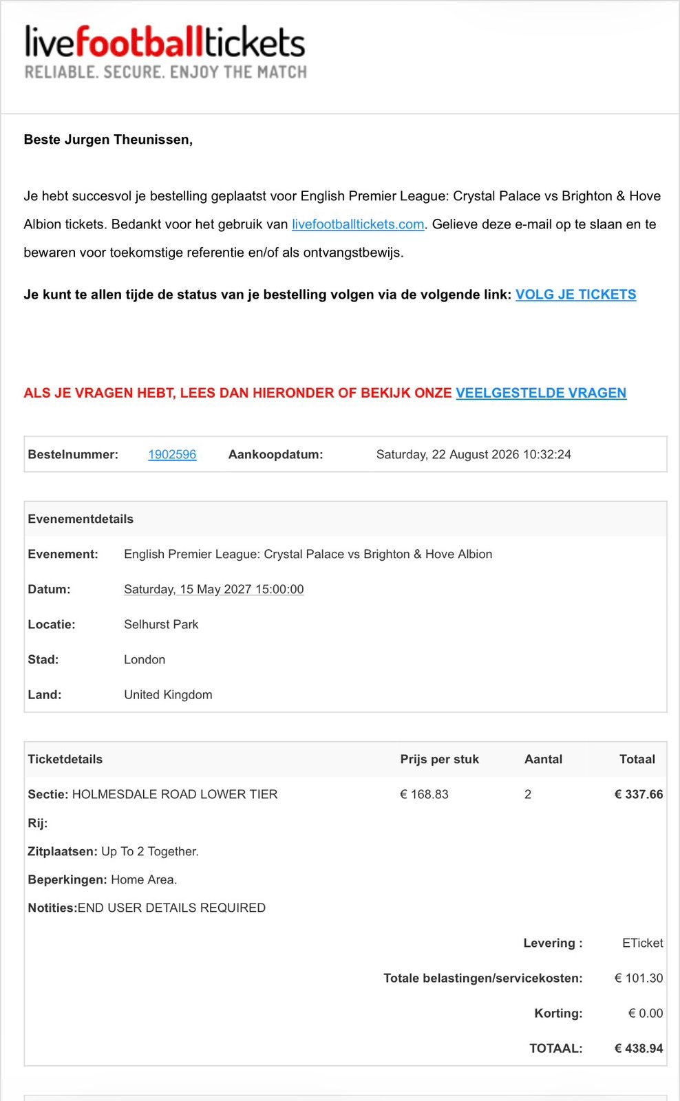 2 tickets voor Crystal Palace - Brighton (Premier League), Tickets en Kaartjes, Losse kaart, Twee personen, Mei