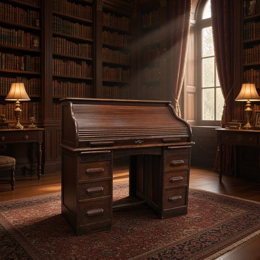 Bureau américain vintage en bois avec rideau coulissant, Maison & Meubles, Enlèvement ou Envoi, Utilisé