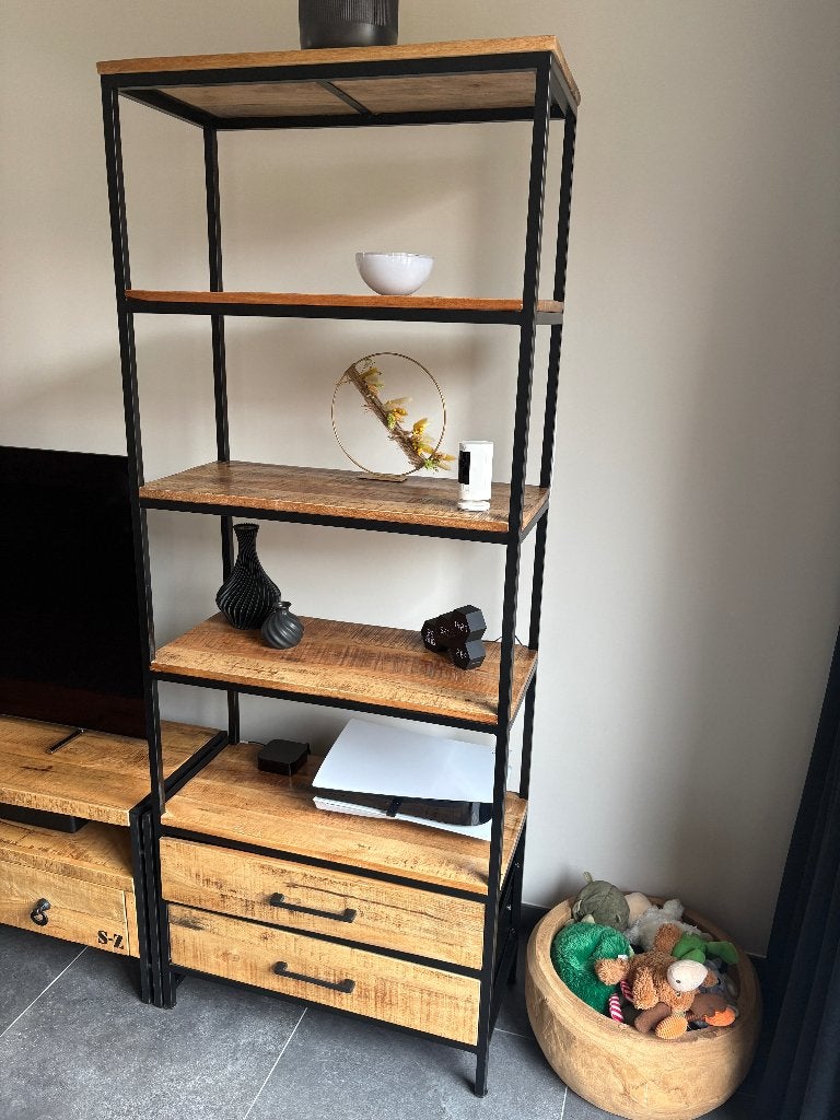 Opbergrek Woodcraft – Industrieel Mango & Metaal, Industrieel, warm en tijdloos, 50 tot 100 cm, Zo goed als nieuw, Met lade(s)