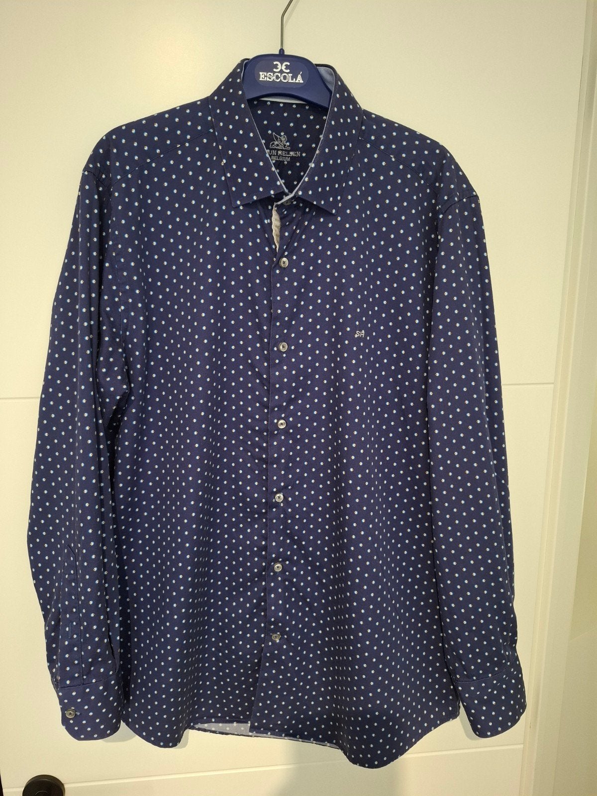 Hemd Stijn Helsen blauw met motief maat large (41/42), Blauw, Stijn Helsen, Ophalen of Verzenden, Zo goed als nieuw