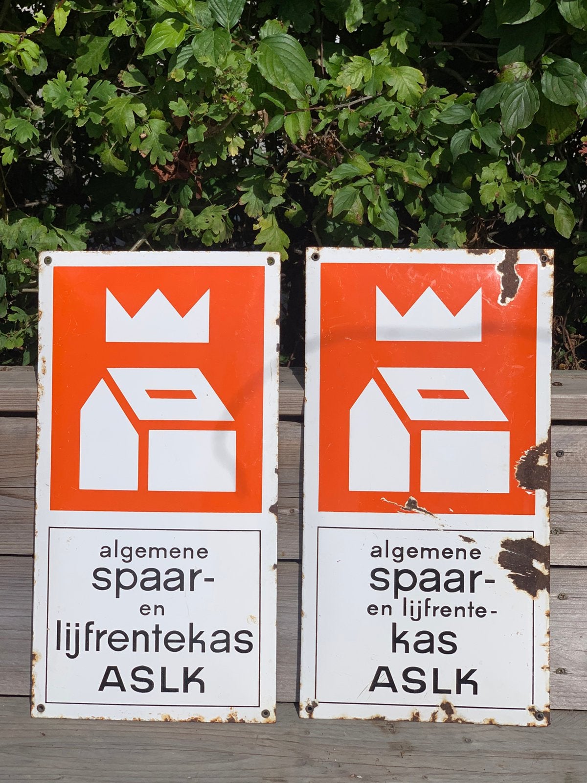 Twee emaille reclameborden ASLK spaar- en lijfrentekas, Collections, Marques & Objets publicitaires, Enlèvement ou Envoi, Utilisé