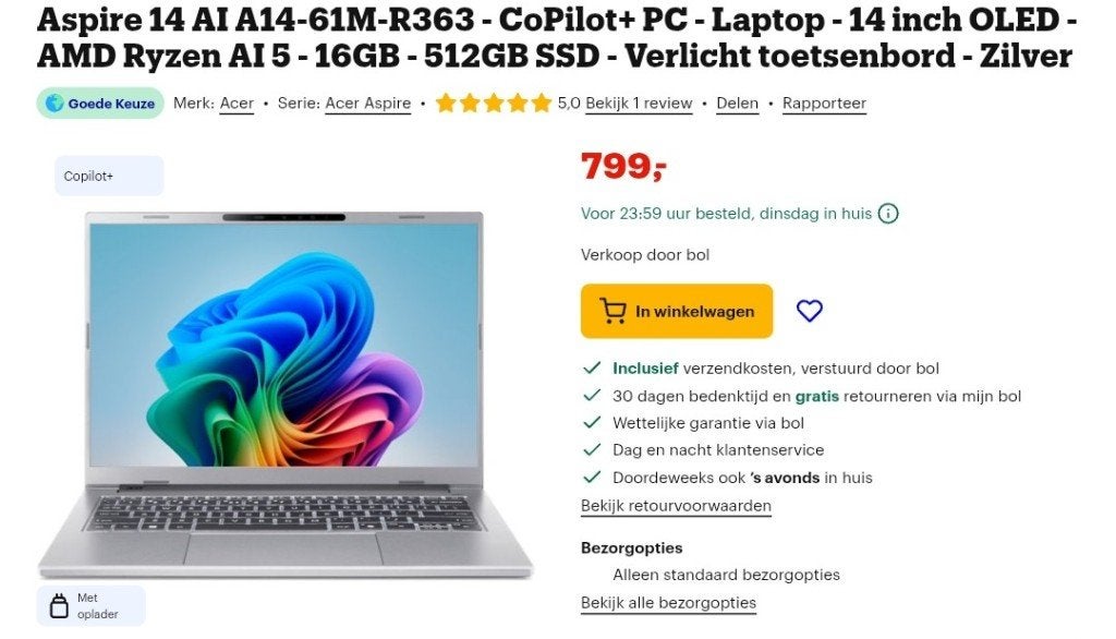 Acer met copilot+ (Qwerty), Ophalen, Qwerty, 14 inch, Zo goed als nieuw