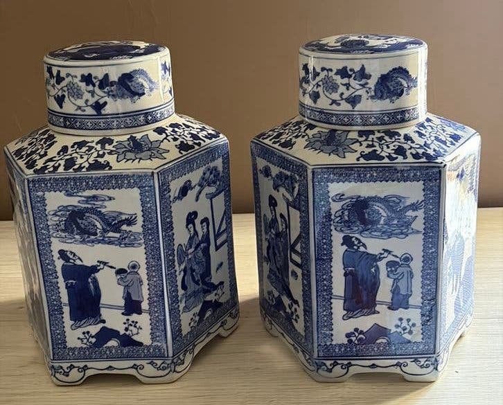 Paire grands pots à gingembre chinois vintage en porcelaine, Enlèvement ou Envoi