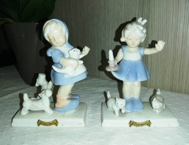 2 vintage beeldjes in porselein Zilbermeer Germany., Ophalen of Verzenden