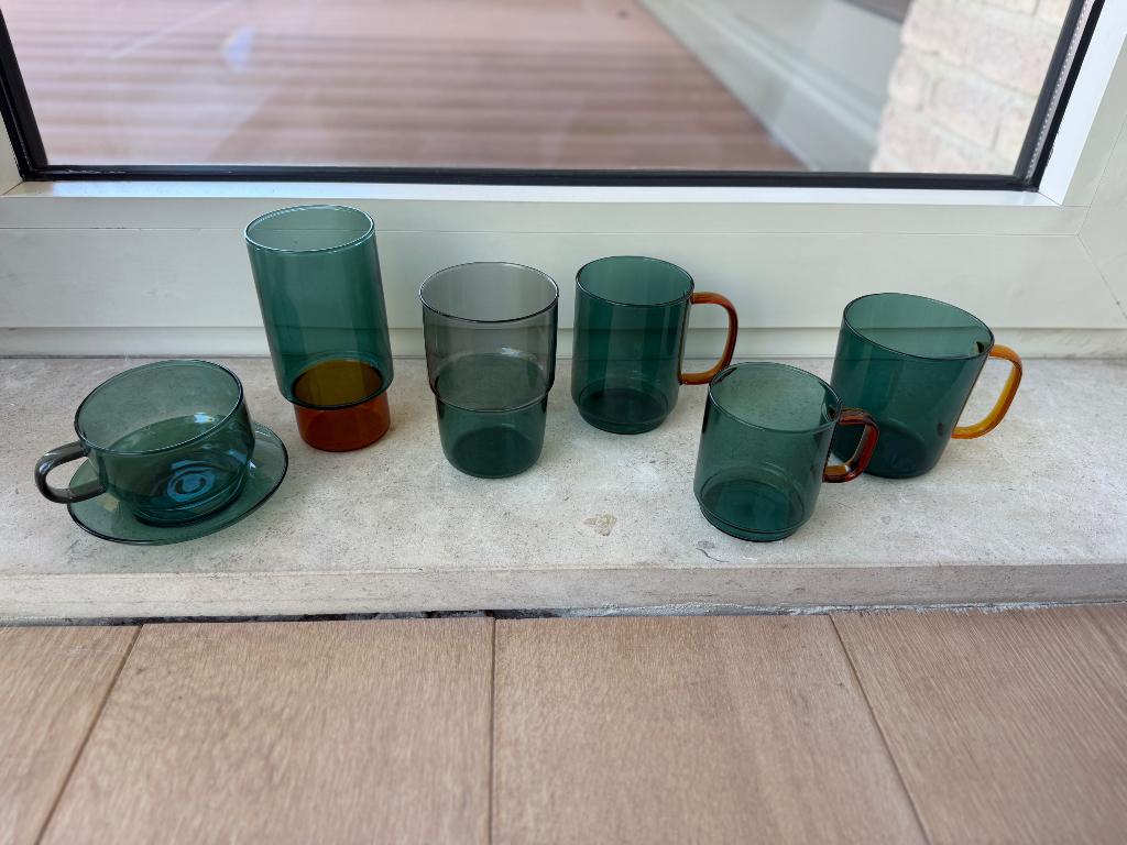 Set mokken uit groen borosilicaatglas, Ophalen, Nieuw, Glas, Overige stijlen