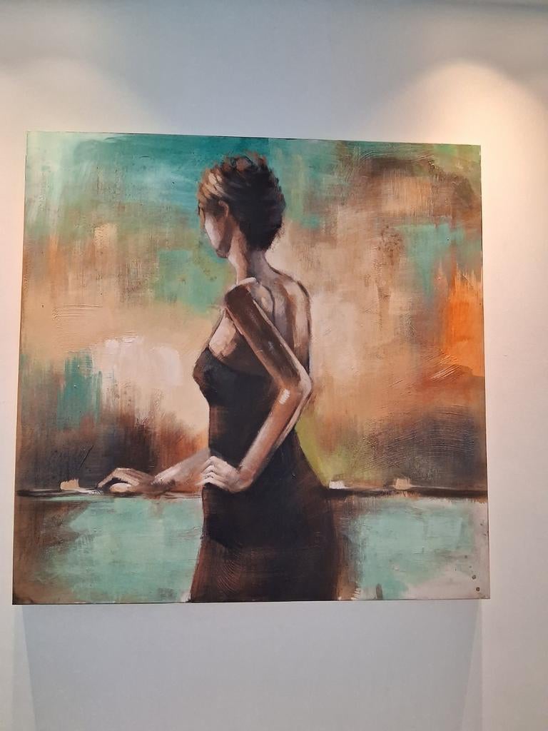 Modern schilderij woman balcony 100 x 100, Ophalen