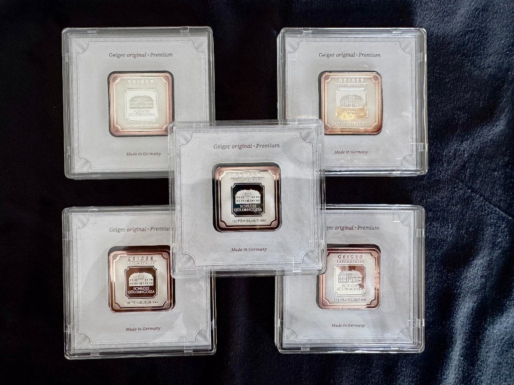 5x1 oz zilverbaar Geiger in doos Schloss Güldengossa, Postzegels en Munten, Ophalen of Verzenden, Zilver