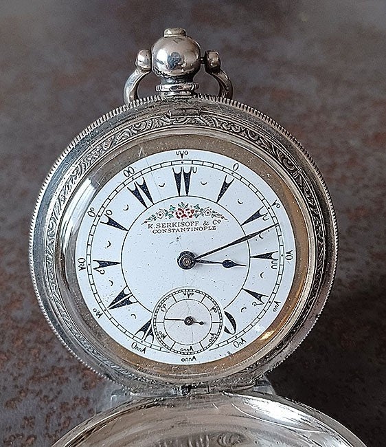 Zilveren Ottomaans zakhorloge, type savonet, Handtassen en Accessoires, Horloges | Antiek, Ophalen of Verzenden, Zilver, Zakhorloge