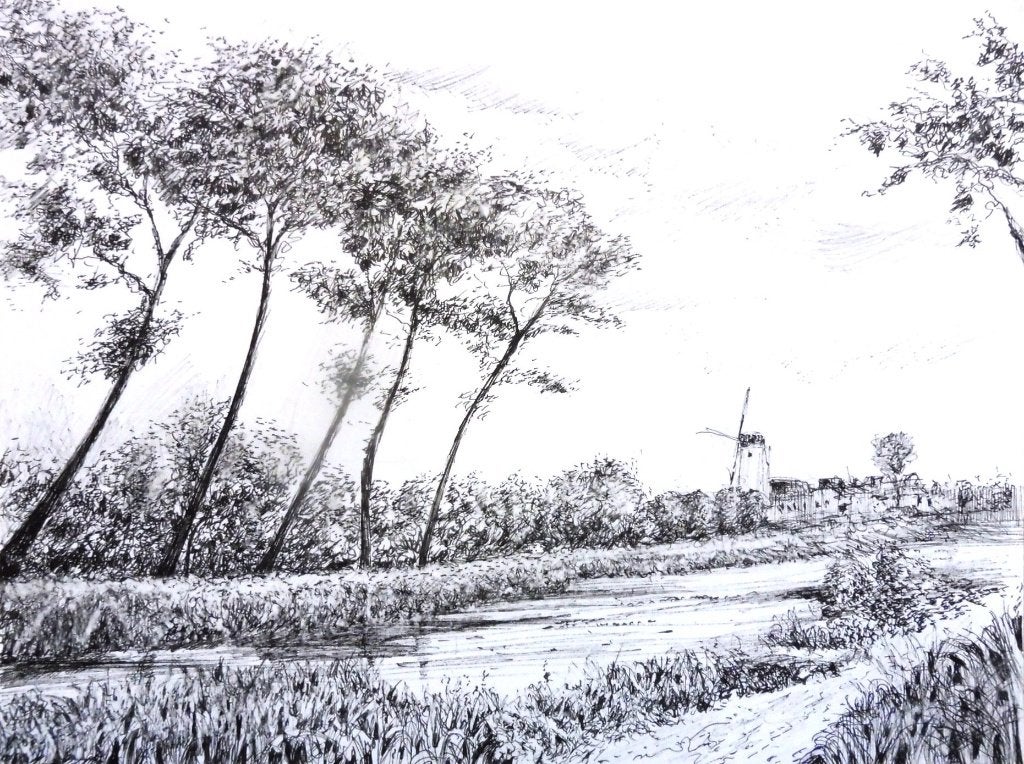 Dessin original "Le canal de Bruges à Damme" 24x32cm, Antiquités & Art, Envoi, Dessin, Dessin à la plume, Signé