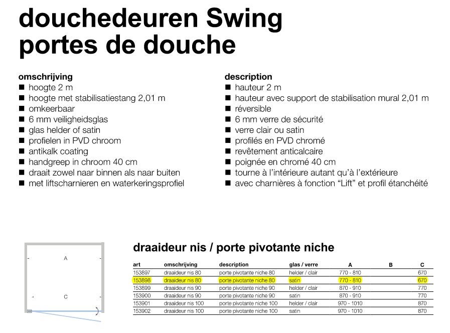Porte de douche Swing 80, Bricolage & Construction, Enlèvement, Neuf, Chrome, Douche