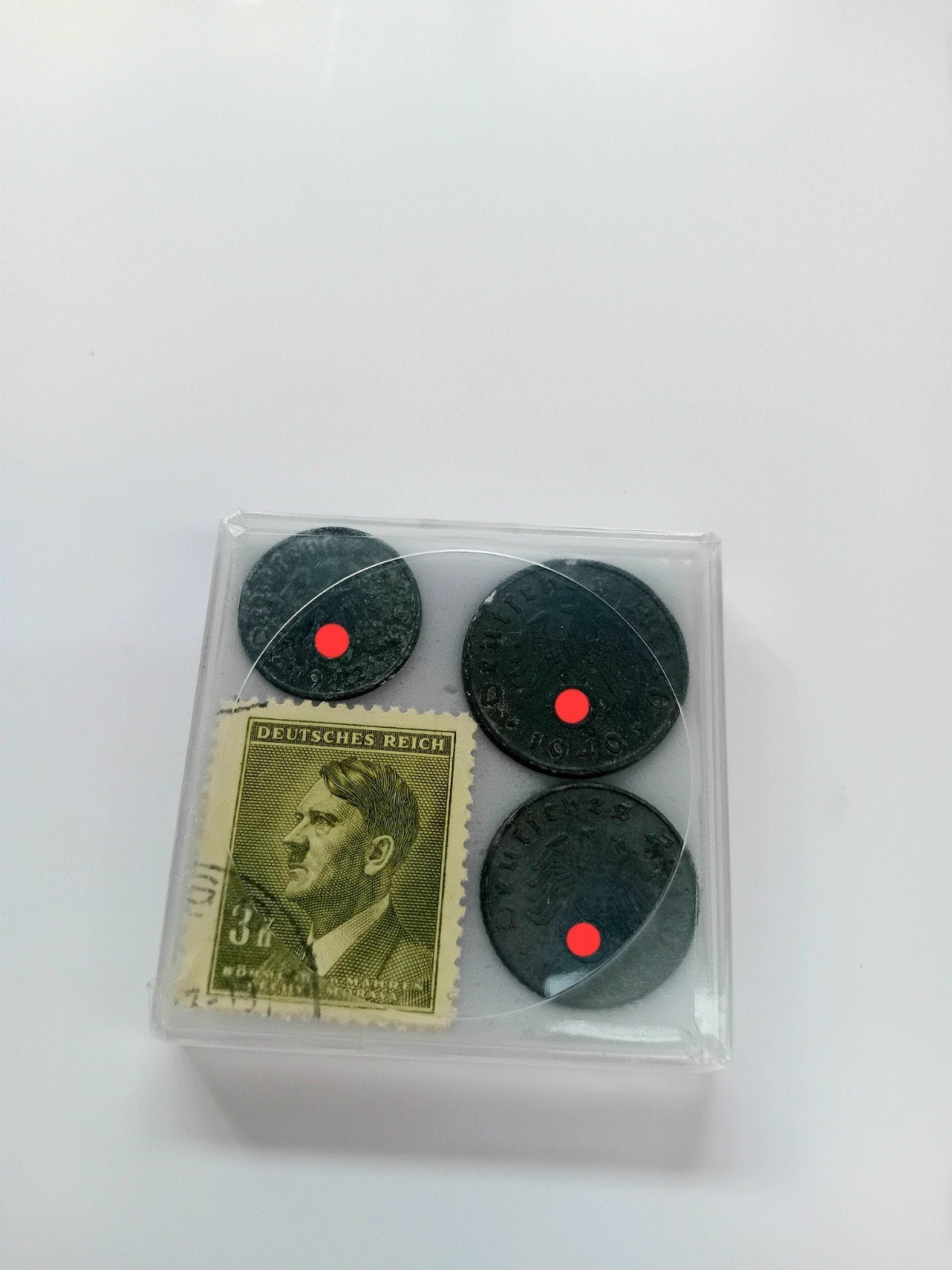 WO2 Setje 3 Munten + Originele Postzegel in Bewaardoosje, Ophalen of Verzenden, Landmacht, Overige typen