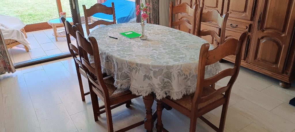 salle à manger rustique — Chêne et paille tissée à la main, Enlèvement, Comme neuf, Rustiek, 4 à 6 chaises