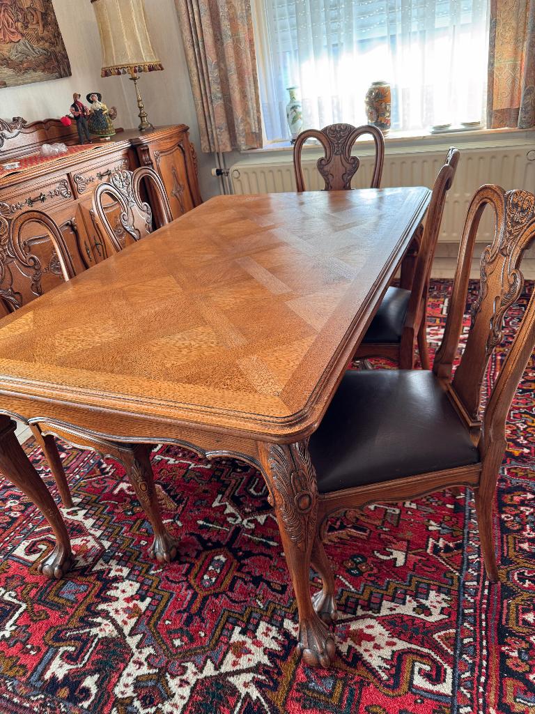 Salle à manger (pattes d'oie) en chêne massif, Maison & Meubles, Enlèvement, Comme neuf, Patte d'oie, 6 à 8 chaises